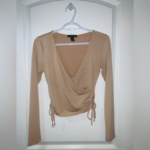 Beige/Tan, cut-out, long sleeve v-neck top